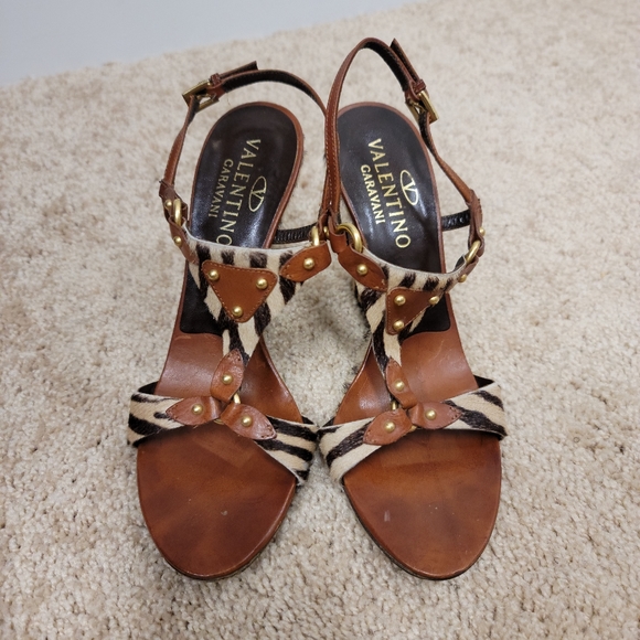 Valentino Garavani Shoes - Valentino Garavani Brown Leather and Zebra-Print Stud Sandals
